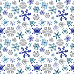 Seamless vector pattern with grey and blue showflakes on white background for christmas and winter decoration