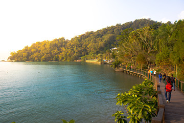 Fototapeta premium Tree with Wooden walkway on sunset, at sun moon lake, taiwan