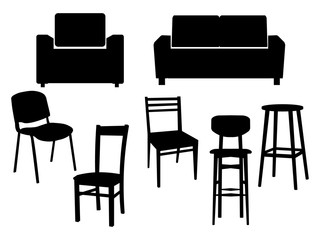 Collection black silhouette of chairs icon interior furniture Old style armchair. Vector flat illustration EPS