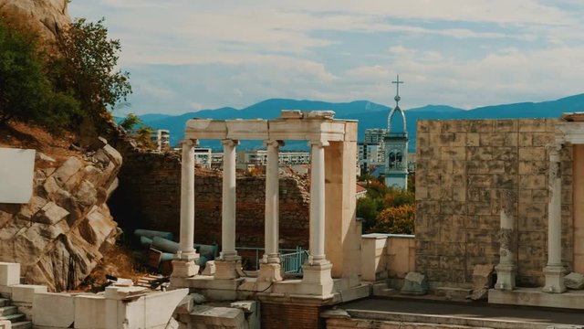 Telephoto panning shot of the Roman theatre of Plovdiv, Bulgaria, one of the worlds best-preserved theatres. Plovdiv will be the European Capital of Culture in 2019