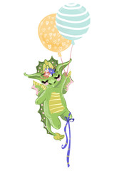 Cute baby dragon, hand drawn illustration. Dreaming dragon with beautiful balloons and flowers wreath on the head. Kids print, nursery poster, vintage vector watercolor character