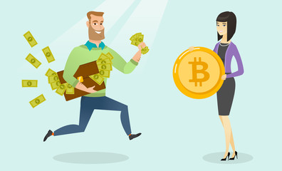 Caucasian man running with briefcase full of fiat money to a woman holding a bitcoin coin. Man is going to exchange his money to bitcoin. Cryptocurrency exchange concept. Vector cartoon illustration. - obrazy, fototapety, plakaty