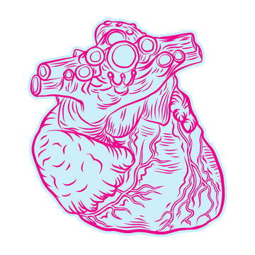 Sketch of human heart. Hand drawn anatomical boho style drawing for print, t-shirt, card, poster. Contemporary patch element, sticker. Vector.