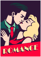 Retro mid-century lovers couple kissing, romantic passionate kiss, romance valentine's day vector illustration