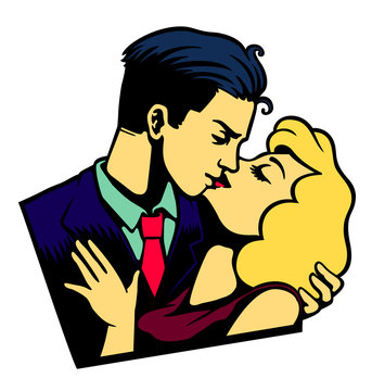 vintage lovers couple kissing, passionate romantic kiss, valentine's day vector illustration