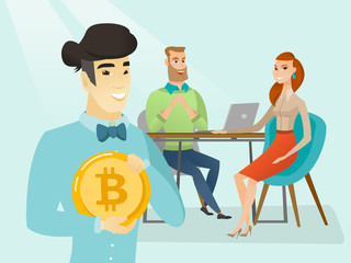 Asian man with a bitcoin coin standing on the background of business people working on a new startup project in blockchain network technology. ICO, cryptocurrency concept. Vector cartoon illustration.