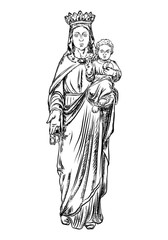 Fototapeta na wymiar Virgin Mary tattoo art. Symbol of Christianity religion, mother of Christ. Blackwork adult flesh tattoo concept. Saint Mary with a child Jesus template concept. Vector.