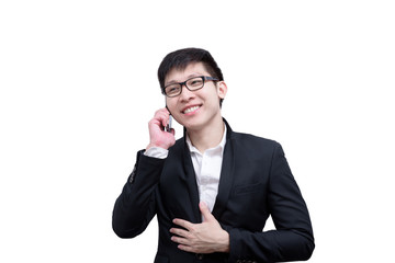Asia businessman has holding a phone for talking with smile and happy isolated on white background.