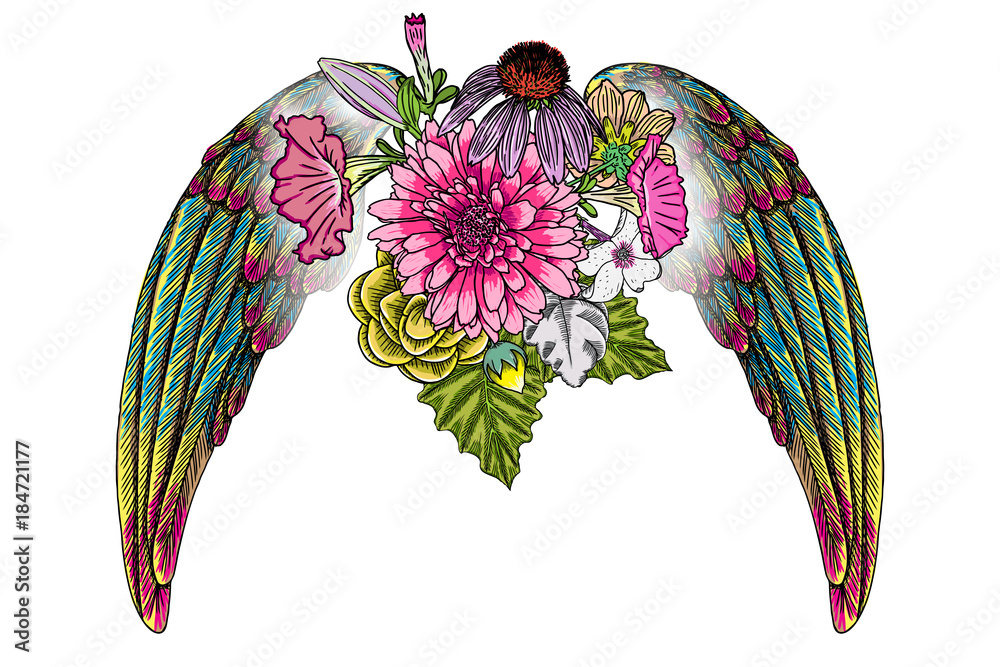 Wall mural Rose and flowers with angel or bird wings. Vintage floral. Highly detailed blackwork tattoo flash concept isolated on white. Wings and blooming lily, roses drawing in feminine style. Vector.