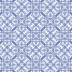 Damask classic blue an white pattern. Seamless abstract background with repeating elements. Orient background