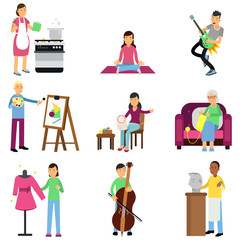 Creative set of adult people and their hobbies. Cooking, painting, playing guitar and bass, embroidery, knitting, sewing, sculpturing. Flat vector