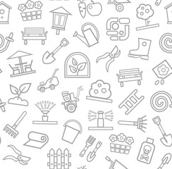 Landscape design, background, seamless, white, contour, vector. Background with equipment for gardening and horticulture. Gray line drawings on a white field. Arrangement of land.  