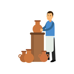 Young man potter in apron making ceramic pot. Smiling man artist. Craft hobby concept. Colorful flat vector character isolated on white.