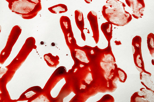 Murder scene, genocide and halloween concept with bloody handprints isolated on white background