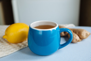 Blue cup of herbal tea, healthy lifestyle