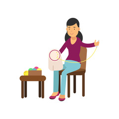 Illustration of young brunette woman sitting on the chair and embroidering on the canvas. Needlework concept. Vector character