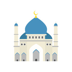 Islamic mosque. Traditional religious architecture. Place of Muslim worship. Building with blue dome and golden crescent moon on top. Flat vector icon