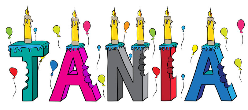 T&Acirc;NIA female first name bitten colorful 3d lettering birthday cake with candles and balloons