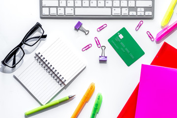 Money for education concept. Credit card, notebook, glasses and 