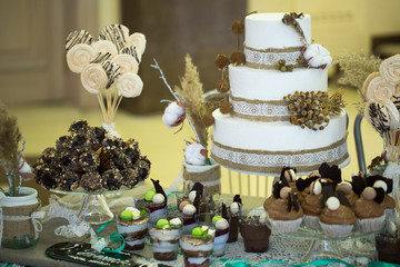 Obraz na płótnie Canvas Wedding cake with cupcakes at the exhibition