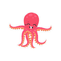 Cute six-tentacled octopus with smiling face expression. Marine animal. Cartoon character of sea creature. Flat vector design for kids print, sticker, card or poster