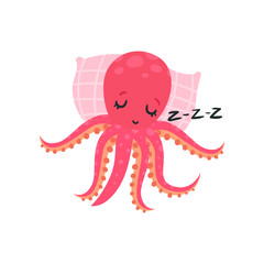 Cartoon pink octopus sleeping on soft pillow. Adorable cartoon character of mollusk with six tentacles. Flat vector design for emoji sticker, greeting card or print