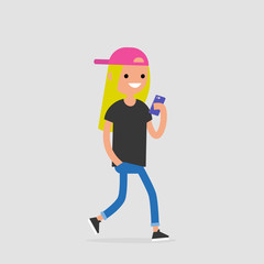 Young female walking character using phone. Millennial generation. Technology. Flat editable vector illustration, clip art