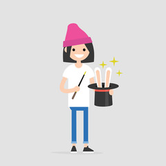Young wizard holding a hat with the rabbit ears inside. Magic wand. Flat editable vector illustration, clip art