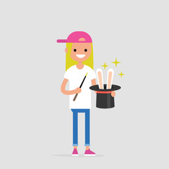 Young wizard holding a hat with the rabbit ears inside. Magic wand. Flat editable vector illustration, clip art