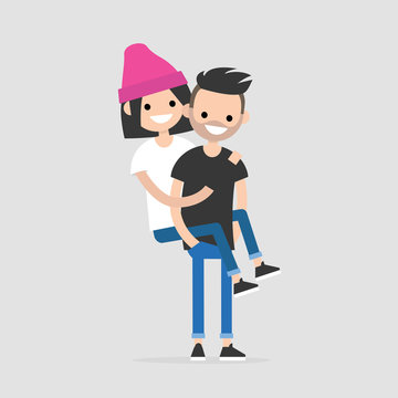Piggyback ride: a couple of teenagers having fun. Youth lifestyle. Flat editable vector illustration, clip art