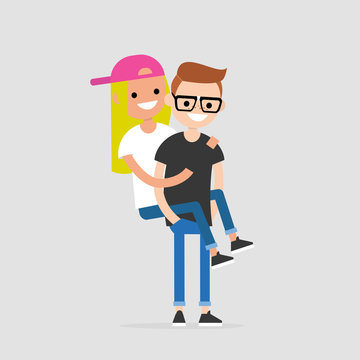 Piggyback ride: a couple of teenagers having fun. Youth lifestyle. Flat editable vector illustration, clip art