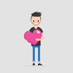 Saint Valentines concept. Young smiling character holding a big pink heart. Declaration of love. Flat editable vector illustration, clip art