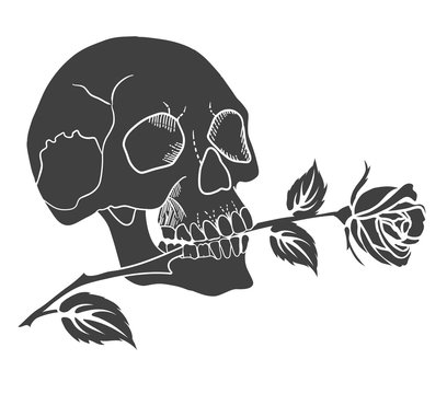 The Human Skull Holds A Rose In The Teeth. Black Silhouette Of Tattoo Vector Illustration.