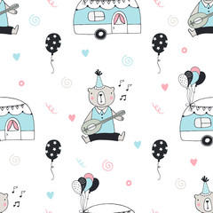 Happy birthday- nursery birthday seamless pattern with music bear and decorations in scandinavian style