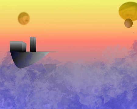 Alien Lonely City Floating on Air at Sunset with Planets