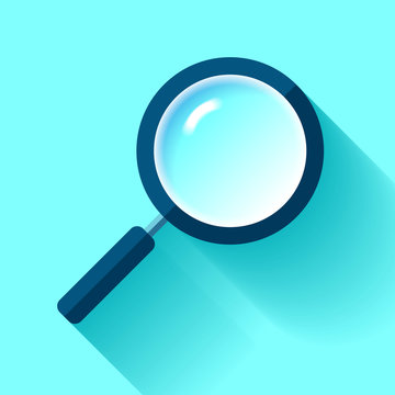Search loupe icon in flat style, magnifying glass on color background. Vector design object for you project 