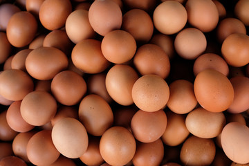 Brown chicken eggs heap. Raw eggs top view background.