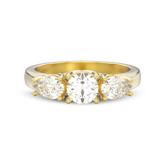 3D illustration isolated yellow gold three stone diamond ring with shadow