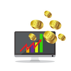 Bitcoin growth concept Payment and trade on computer symbol Bitcoin revenue illustration Stacks of gold coins like income graph with bitcoin Vector illustration isolated on background