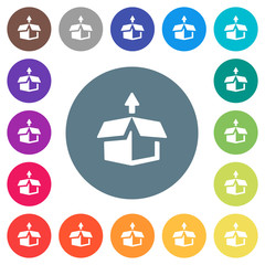 Unpack from box flat white icons on round color backgrounds