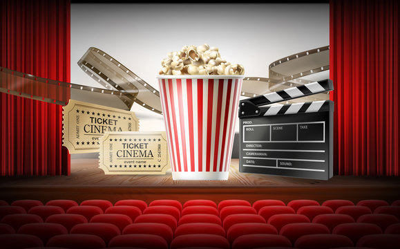 Cinema concept 3d vector illustration with movie hall, rows of red seats, stage, curtain, white screen. Realistic objects of film industry in center box with popcorn, tickets, clapperboard, filmstrip