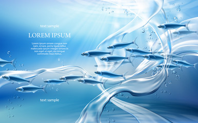 Naklejka premium Realistic pure water streams on light blue background with translucent fishes, swirl splashes and drops. Underwater world concept 3D vector illustration