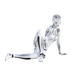 Robot woman. White metal droid. Artificial Intelligence. Conceptual fashion art. Realistic 3D...