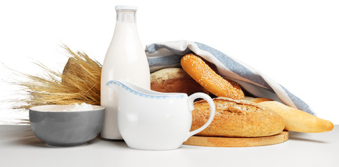 Bread and milk on the table