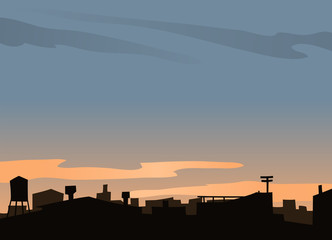 Urban Scene With Roofs and Sunset