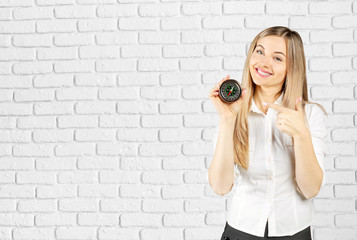 Caucasian Woman Holding Compass Isolated