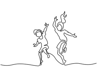 Happy jumping and dancing children. Continuous line drawing. Vector illustration on white background