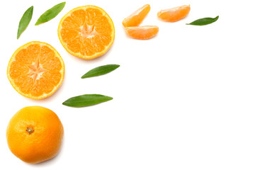 mandarin with slices and green leaf isolated on white background top view