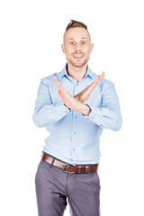 businessman making stop sign with hand. emotions and people concept.