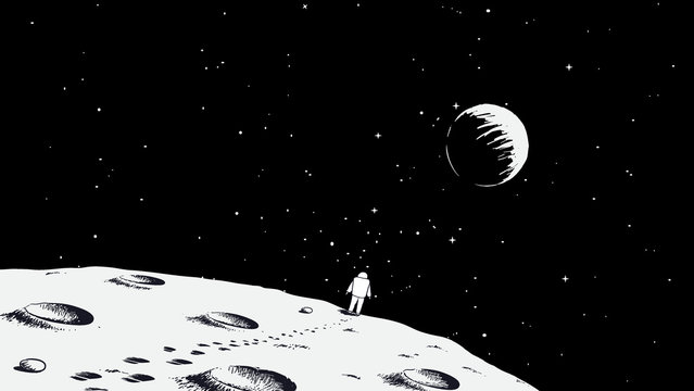 Astronaut walking on Moon.Earth is visible far away.Drawing style.Space vector illustration